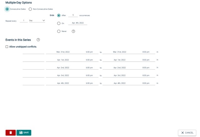 Selecting Multiple Days for a hourly event